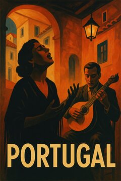Moody vintage travel poster of a Lisbon fado singer performing beside a Portuguese guitarist in a glowing old town arch lit by lantern light