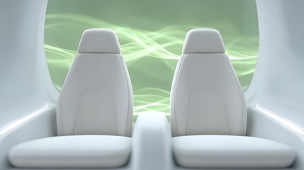 Luxury EV lounge blurred minimal white seating with holographic green energy projection