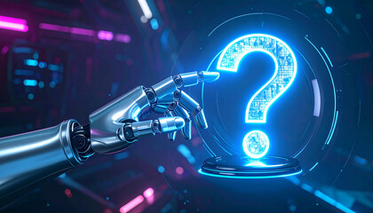 Metallic robot hand reaching out to glowing holographic question mark. Futuristic sci-fi environment