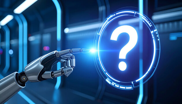 Metallic robot hand reaching out to glowing holographic question mark. Futuristic sci-fi environment