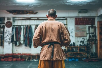 Monk in traditional attire, back view, martial arts dojo