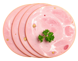 Sliced ham, top-down view, showing layered cuts, with a sprig of parsley