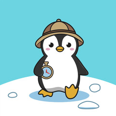 Cute penguin explorer with a pocket watch and safari hat on