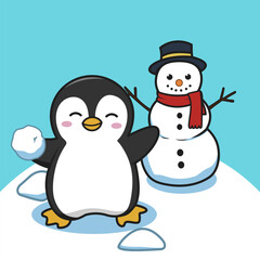 Cute penguin playing and snowman winter fun in cartoon hand drawn