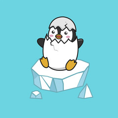 Cute penguin hatching from egg on iceberg cartoon vector
