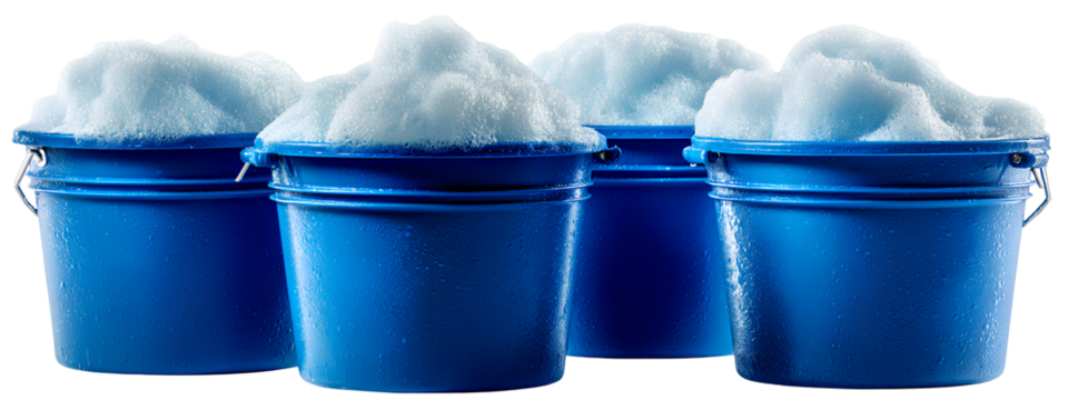 four blue plastic buckets filled with white soapy foam, isolated on a Transparent background PNG - Powered by Adobe