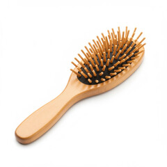Wooden hairbrush with rounded bristles on white background  