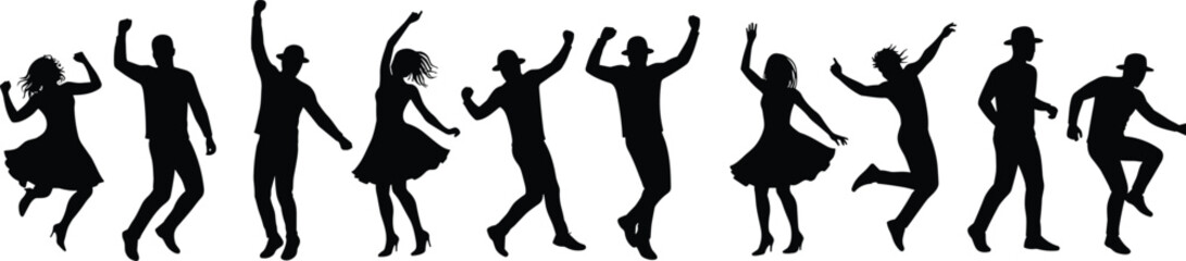 Silhouette illustration of dancing people in motion, party celebration, energetic men and women, joyful lifestyle, dance movement vector art design.