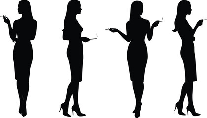 Silhouette illustration of elegant woman smoking cigarette, stylish female figure, fashion pose, business lady, vector art, lifestyle concept design.