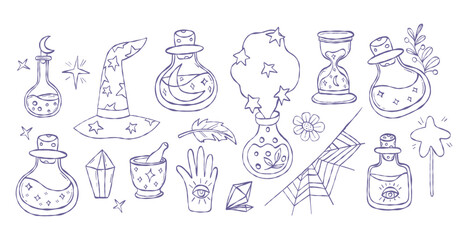 Outline Magical Items Hand Drawn Set. Mystical Potion Bottle with Crescent Moon, Stars, wizard hat, Crystal, spider web, hourglass, and feather. Isolated Vector Magic whimsical Textured Doodle. Not AI