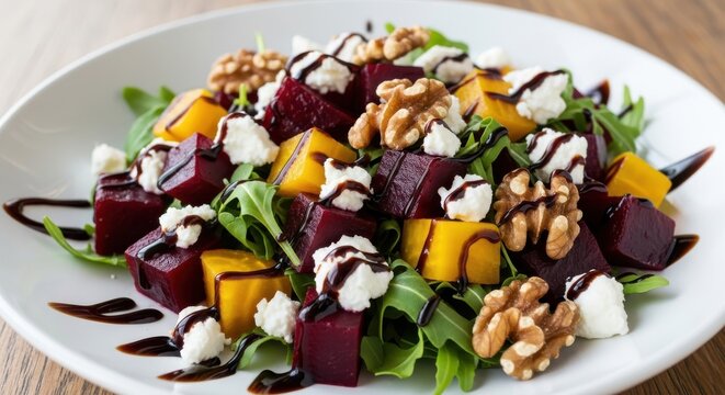 Creative composition of a vibrant salad with beets, goat cheese and walnuts - Powered by Adobe