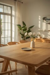 Bright, Airy Dining Room with White Flowers and Wooden Table A Peaceful Interior