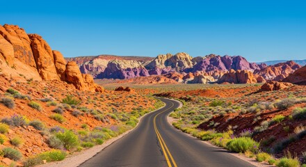 Winding road through colorful desert landscape with vibrant rock formations under a clear blue sky