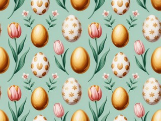 Seamless Easter Egg and Tulip Pattern on Mint Green Background