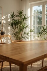 Warm Natural Light and Indoor Plants by a Wooden Dining Table near Window