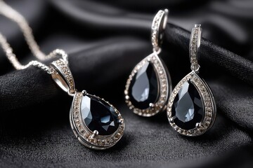 Fototapeta premium Elegant black gemstone jewelry set on dark silk