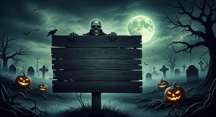 Dark Halloween night background with blank wooden sign, skeletal hands, glowing jack-o-lanterns, and misty graveyard under a full moon.
