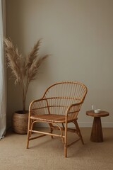 Cozy Wicker Chair in a Neutral Interior with Pampas Grass and Wooden Accent Table