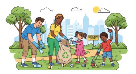 Community Cleanup Effort Depicts Family Promoting Environmental Awareness