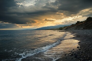 Dramatic sunset over a rocky shore