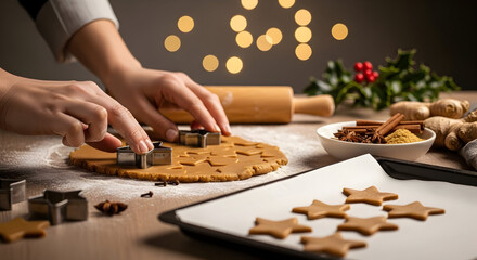 Hands cutting out festive homemade cookies with star-shaped cutters on a wooden table with holiday spices and warm bokeh lights.