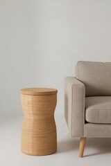 Serene Interior Bamboo Stool and Beige Sofa Against a Minimalist White Wall Background