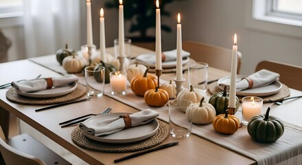 Autumnal table setting with pumpkins, candles, and minimalist ta