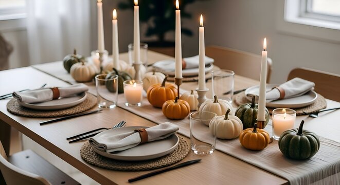 Autumnal table setting with pumpkins, candles, and minimalist ta