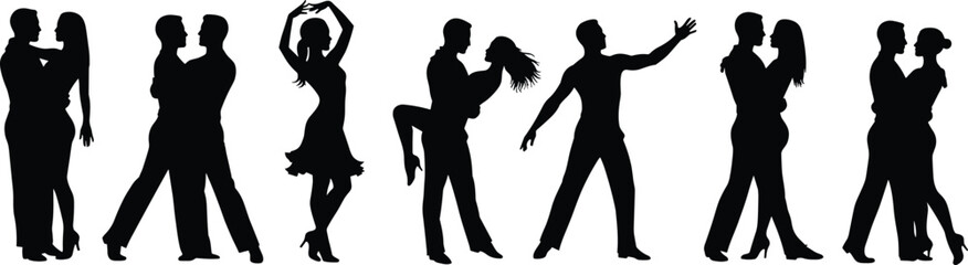 Silhouette vector illustration of dancing couples performing ballroom, salsa, tango, romantic dance poses, passion, performance, choreography, love, and celebration.