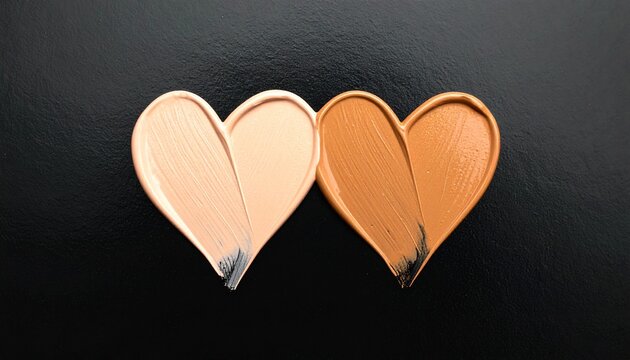Two hearts made from different shades of cosmetic foundation swatches on a dark surface.