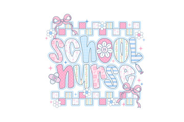 Cute School Nurse Design with Syringe, Band-Aid, and Gingham Pattern for Sublimation T Shirt Design