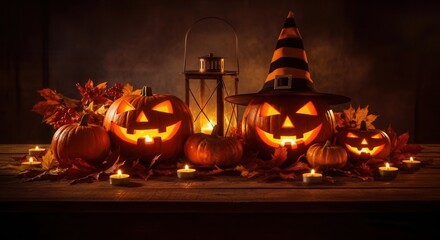 Festive Halloween scene with glowing jack-o'-lanterns, witch's hat, autumn leaves, and flickering candles on a dark, rustic wooden table.