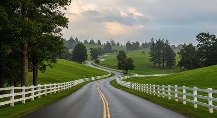 Winding road through green landscape with white fence under cloudy sky during daytime