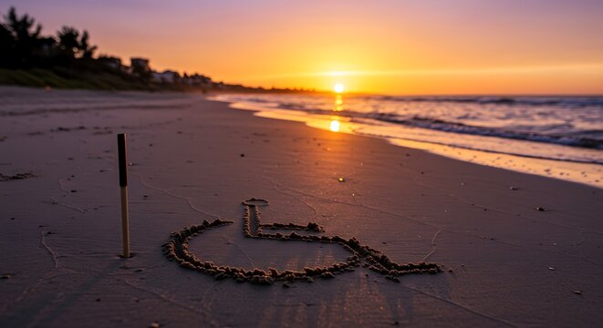 Wheelchair symbol drawn on beach at sunset over ocean waves