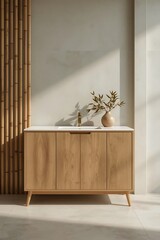 Elegant Bathroom Vanity with Natural Wood Finish, Accented by Bamboo and Soft Lighting