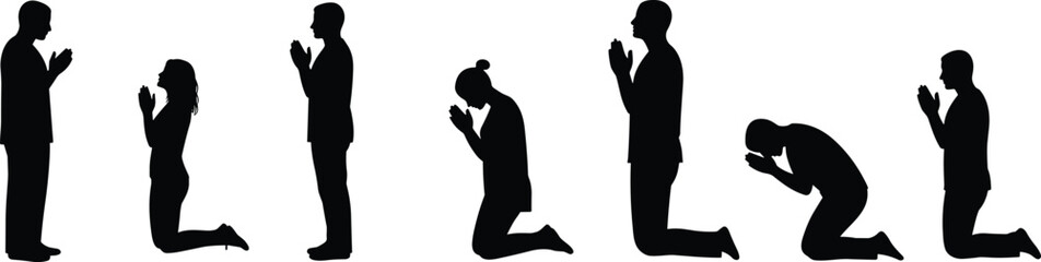 Silhouette vector illustration of people praying, kneeling, worship, meditation, spirituality, faith, religion, hope, devotion, peaceful human posture design.