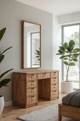 Elegant Bamboo Vanity Table with Mirror and Plant in Modern Bedroom