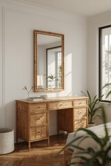 Elegant Bamboo Console Table with Tall Mirror in Bright Room, Plants & Decorative Bowl