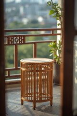 Bamboo Table Elegance Outdoor Still Life on Balcony with Serene Views