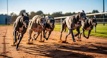 Greyhounds race with blazing speed on the track during a sunny day