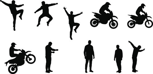 Silhouette illustration of men jumping, dancing, standing, and riding motorbikes, extreme sports, lifestyle activities, action movement vector art design.