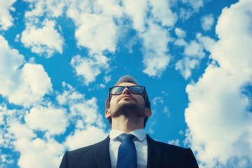 A photo of a business man dreaming of success, surrounded by clouds.