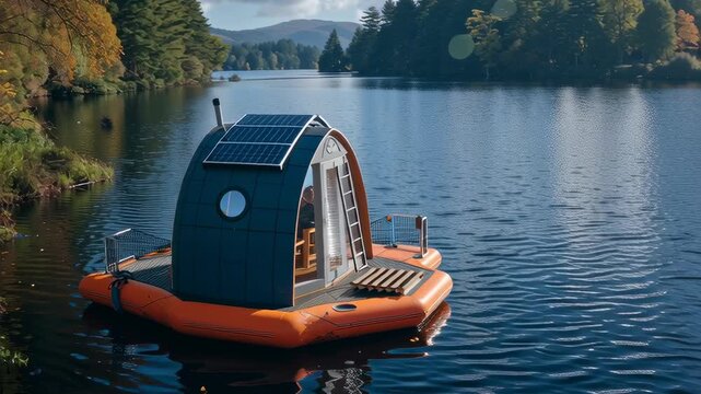 Floating eco pod on a calm lake, made from recycled materials, solar charging roof