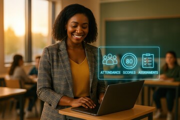 Educator analyzing student performance metrics classroom digital learning environment collaborative atmosphere engaging viewpoint for improved outcomes