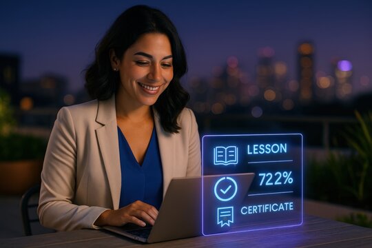 Engaging online learning experience urban setting digital education content nighttime environment professional viewpoint certificate achievement