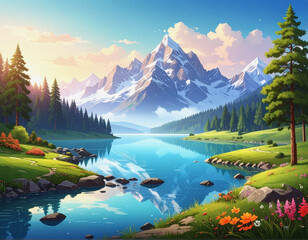 Mountain lake and blue sky. Background Image. Minimalist backdrop. Template design 