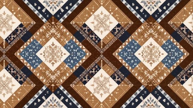 Geometric patchwork design in warm browns, blues, and creams