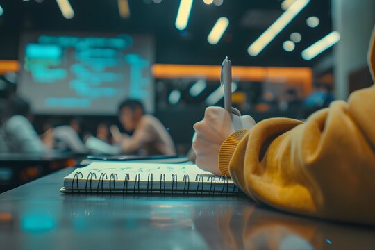Focused student taking notes in a lecture hall with vibrant lighting and modern design