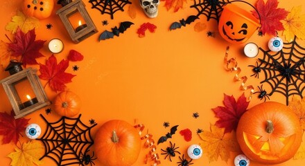 Festive Halloween spooky flat lay background with traditional decorations, pumpkins, spider webs, bats, and autumn leaves on vibrant orange copy space.