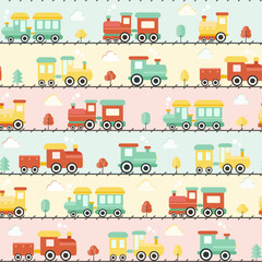 Fototapeta premium Seamless pattern with cute trains, Cute cartoon trains, trees, clouds on a colorful background. cute color seamless pattern, red, yellow, green, pastel